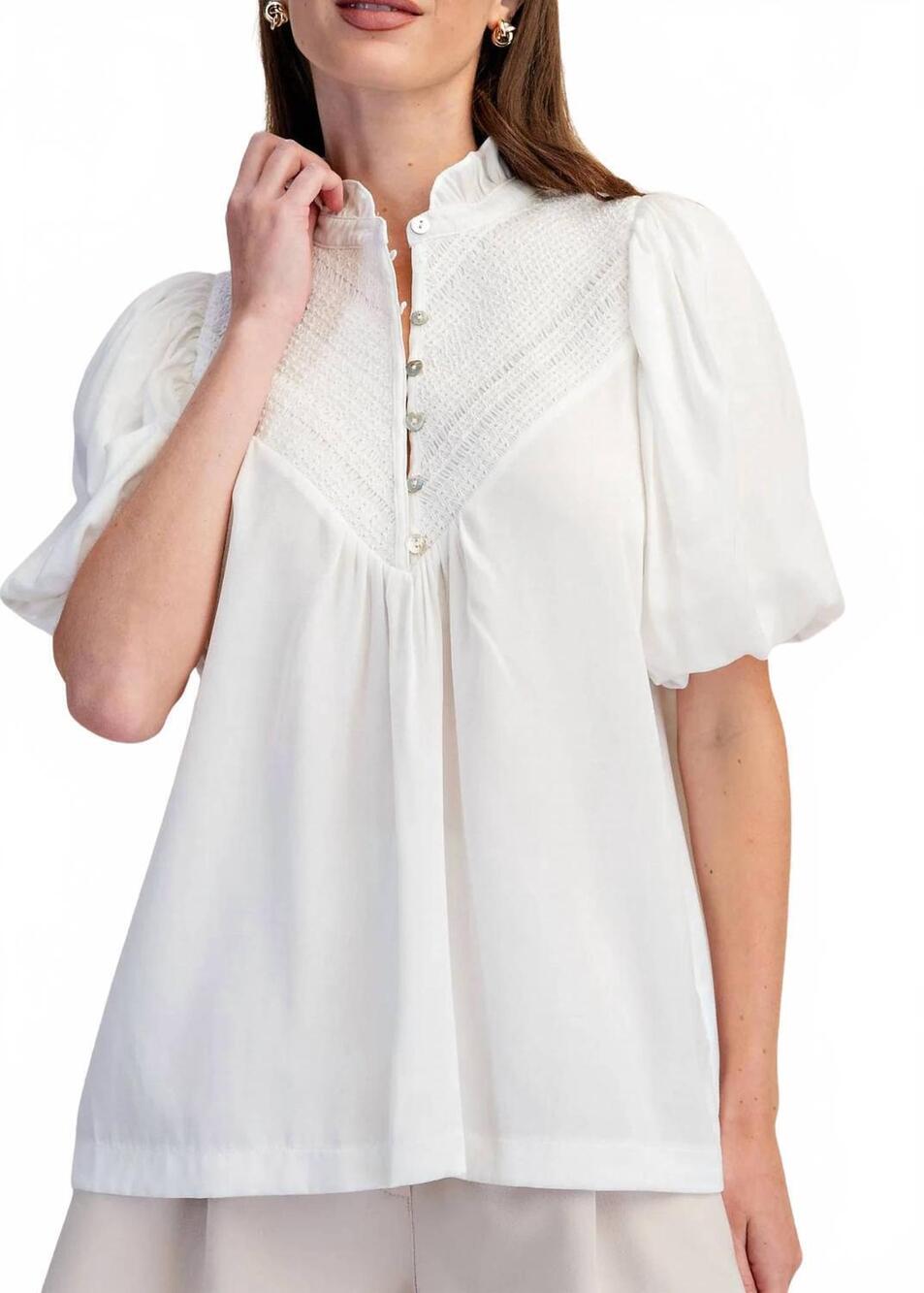 NEW GLAM ruffle neck smocked detail blouse in white